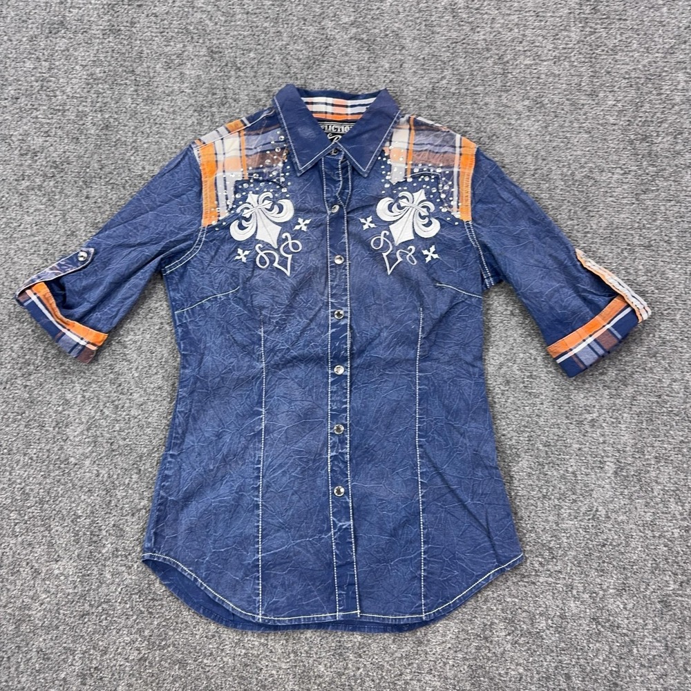 Affliction Shirt Womens XS Blue Rhinestone Cross Western 3/4 Sleeve Button Front